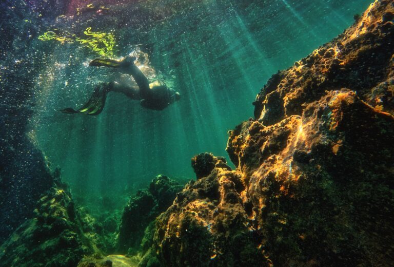 Mergulhador a explorar a rica vida marinha e recifes de coral na costa de Moçambique