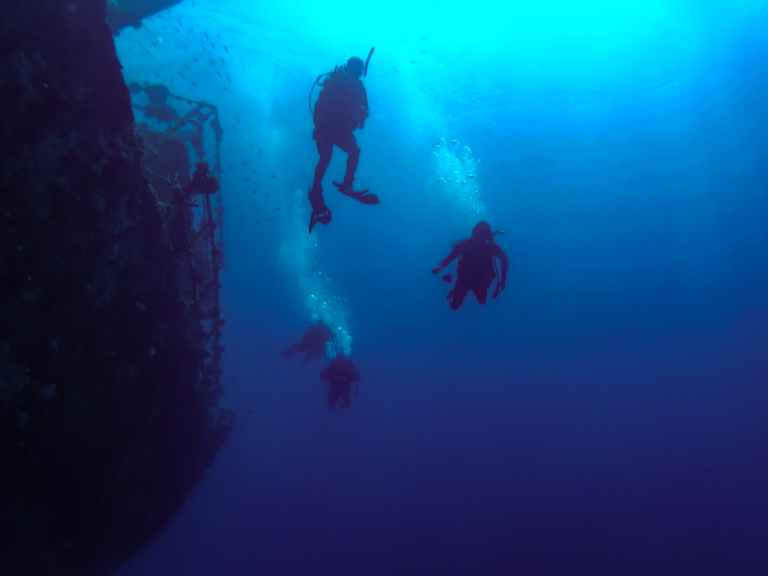 Mergulhador explorando os recifes de coral cristalinos no Arquipélago das Quirimbas em Moçambique