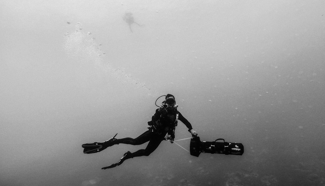 Mergulhador a explorar os recifes de coral na costa de Mocambique