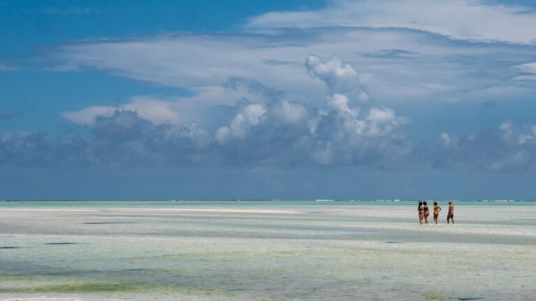 Vista panoramica da extensa faixa de areia branca da Praia de Wimbi em Pemba, Mocambique